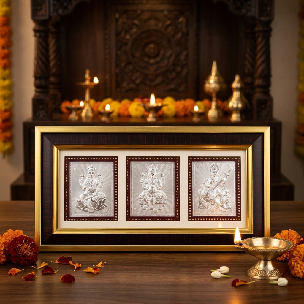 ganpati & lakshmi & saraswati Silver frame (best silver gift article)