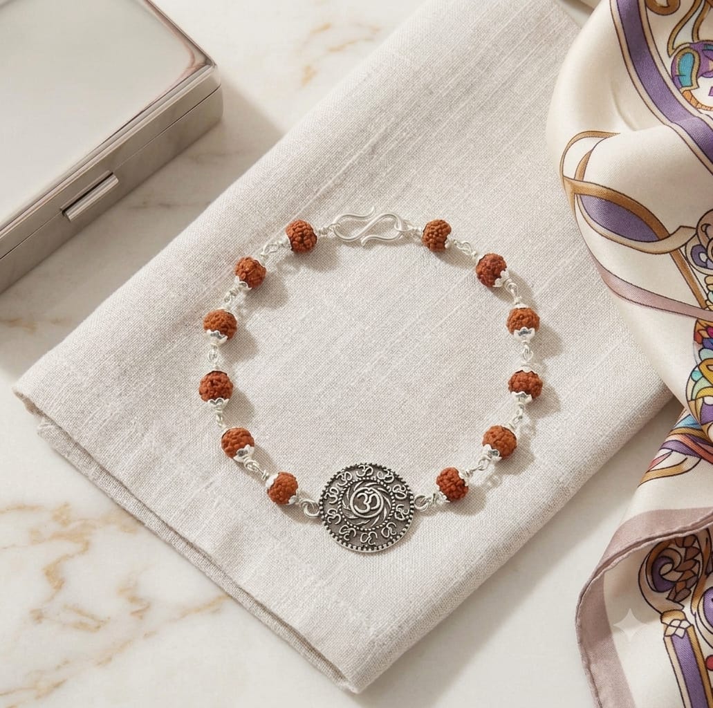 Silver Om Rudraksha Healing Bracelet [length 8 Inches]